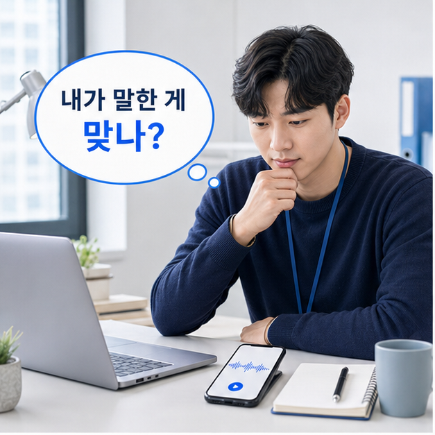 전화영어 수업 후 내가 말한 문장이 맞았는지 궁금해하는 직장인